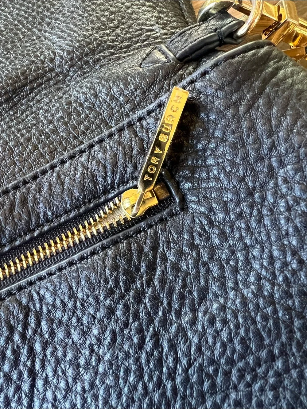 Tory Burch Black Pebbled Leather Convertible Crossbody with Gold Logo